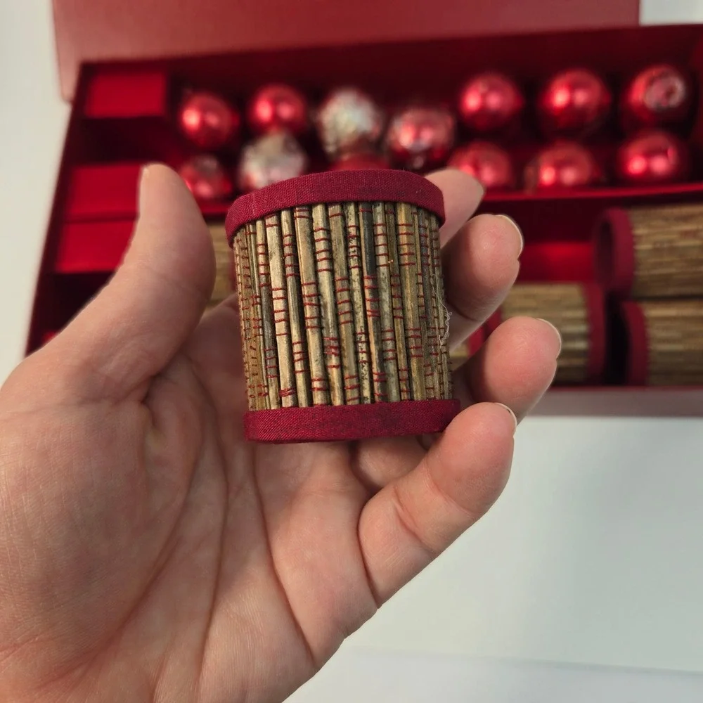 Neiman Marcus 2002 Christmas Set 8 Bamboo Napkin Rings & 12 Red Ball Candles Box